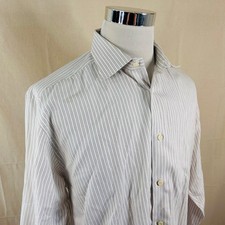 David Donahue 17 34/35 Regular Fit Dress Shirt White Beige Striped Cotton Mens