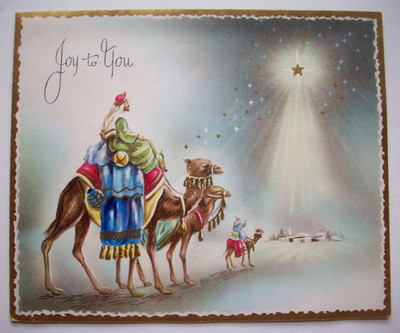 Magi 3 Kings look to Star of Bethlehem  vintage Christmas greeting card *VV14