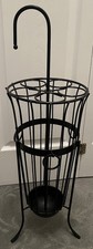 VTG 29  T WROUGHT IRON UMBRELLA STAND W/ 3 2  Clip Rings  5 3  Slots  Tray