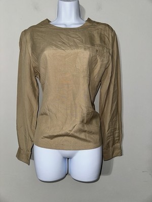 Vintage Pierre Cardin 100% Silk Blouse Top Size 9/10 Beige Tan Button Shoulder
