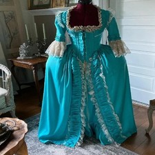 Turquoise Rococo Ball Gown Square Neck Ruffle Wide Skirt Lace Victorian Dress