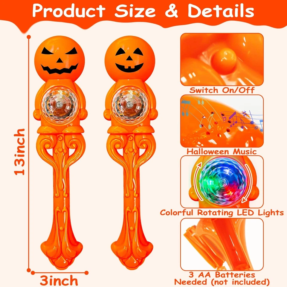 "Paquete de 2 favores de fiesta de Halloween, varita giratoria de calabaza iluminada con música, Han de 13""" Foto 2 de 4