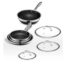 HexClad 7-Piece Frying Pan Set w/ Lids + 12" Wok – Hybrid Stainless & Nonstick 