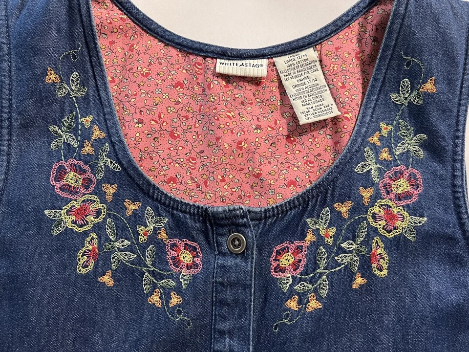 Vintage White Stag Embroidered Floral Denim Maxi Dress Cottagecore Modest L 90s - Image 3 of 4