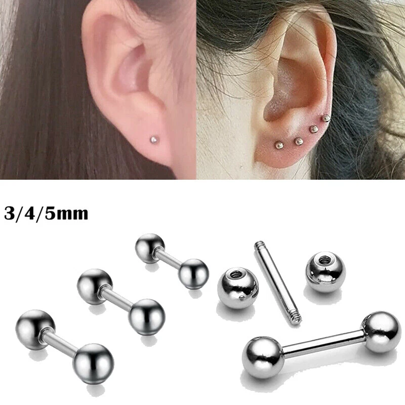 6X Silver Ear Stud Surgical Steel Barbell Stud Earrings Screw Ball Back Piercing