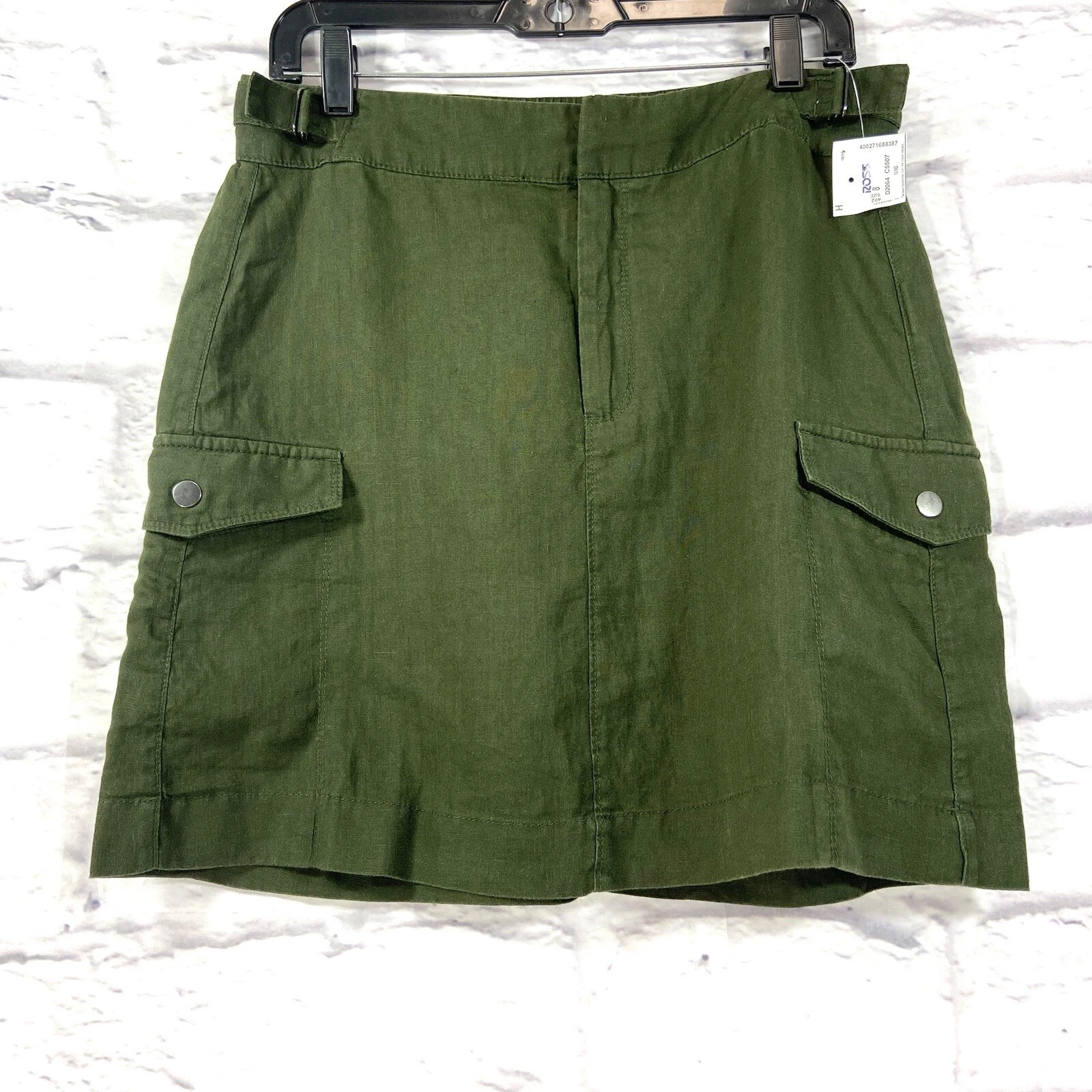 Athleta Skirt Women’s 8 Green Mini Cargo Pockets 100% Linen Buckle NWOT