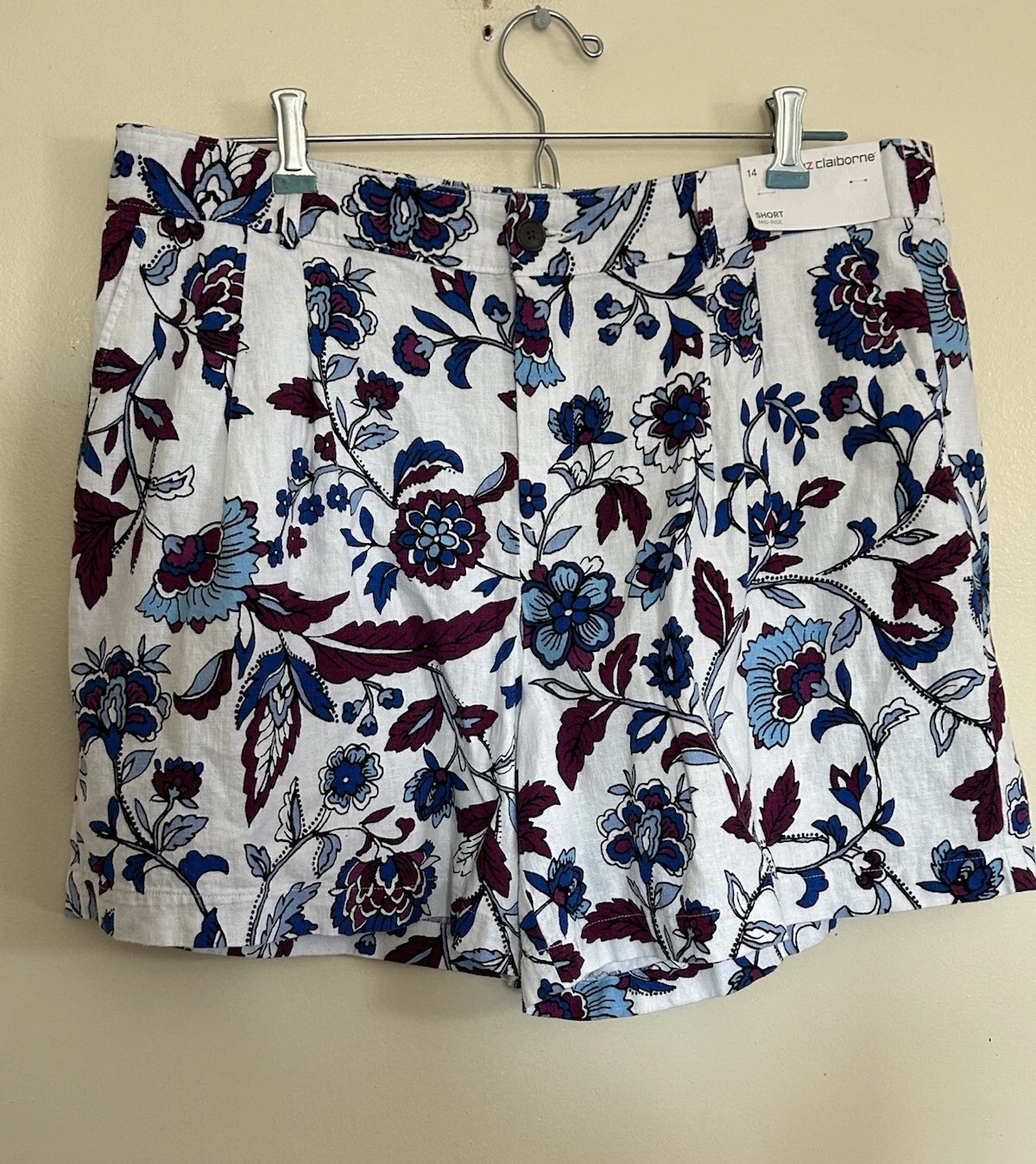 Liz Claiborne Blue White Floral Pleated Linen Blend Mid Rise Shorts Size 14 NWT