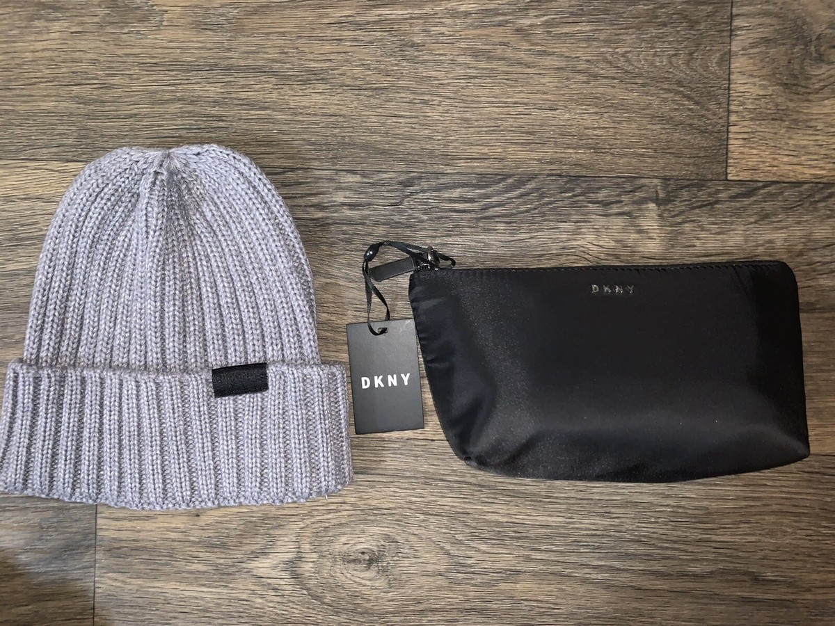 DKNY Gray Ribbed Beanie Hat and Logo Pouch Gift Set MSRP 