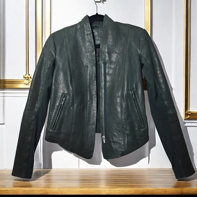 Veda Leather Classic Jacket Women SZ P (0-2) Moto Racer Full ZIp Sage Green Coat