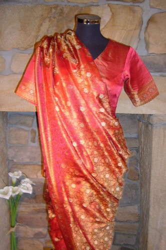 Indian Traditional 100% Silk Hand Woven Bridal Sari Saree + Blouse + Shoes - Picture 1 of 11