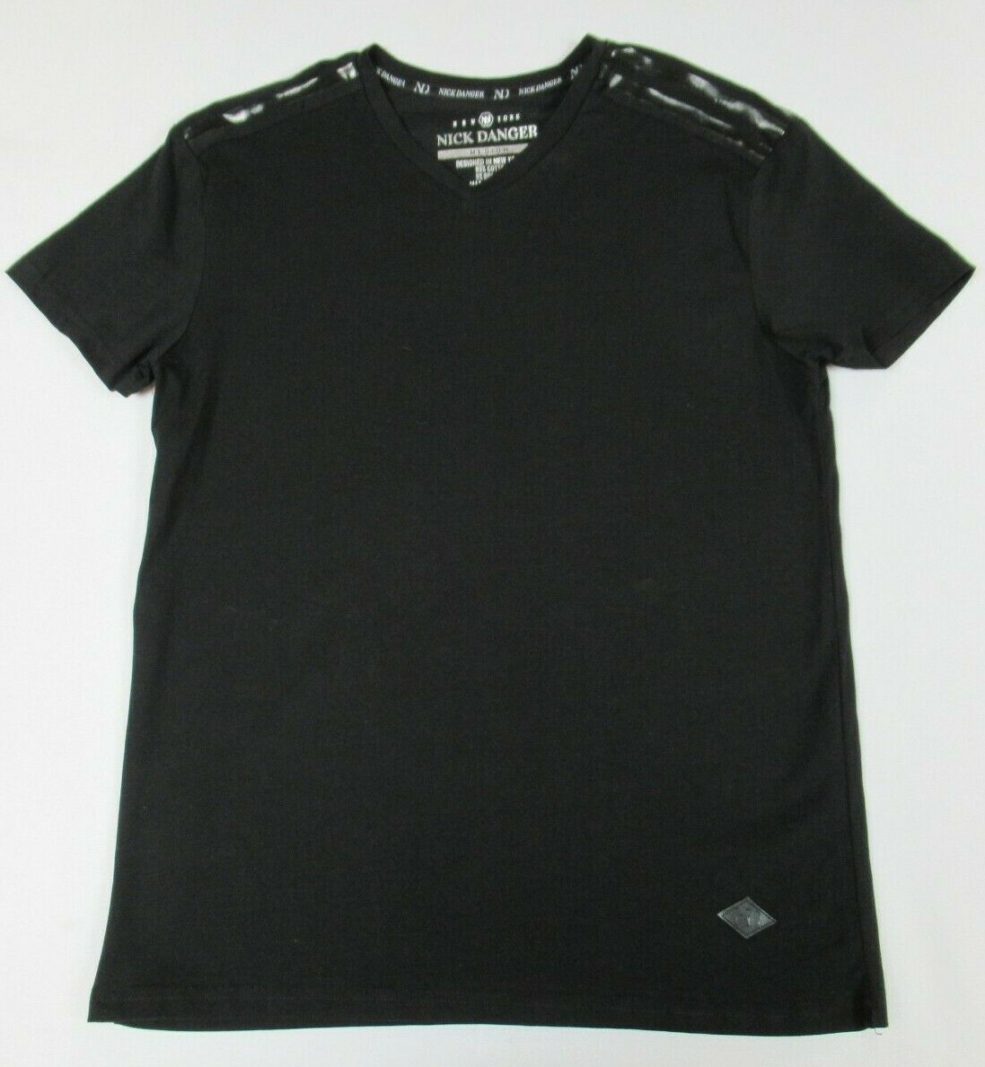 NICK DANGER NYC SHINNY SHOULDER STRIPES BLACK MEDIUM V-NECK