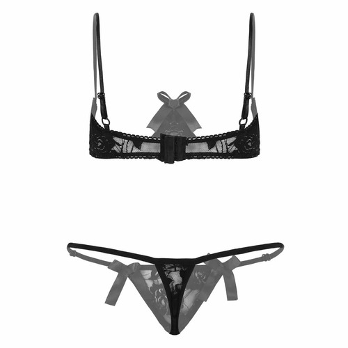 Damen Sexy BH Offene Brust Büstenhebe Spitze Sheer Bra mit Thong Unterwäsche Set - Picture 54 of 102
