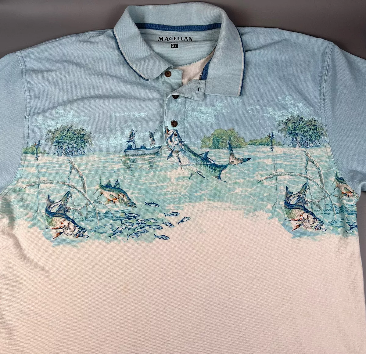 Vtg MAGELLAN Sportswear Polo Shirt Mens XL Bass Print Fishing Cotton Double  Side