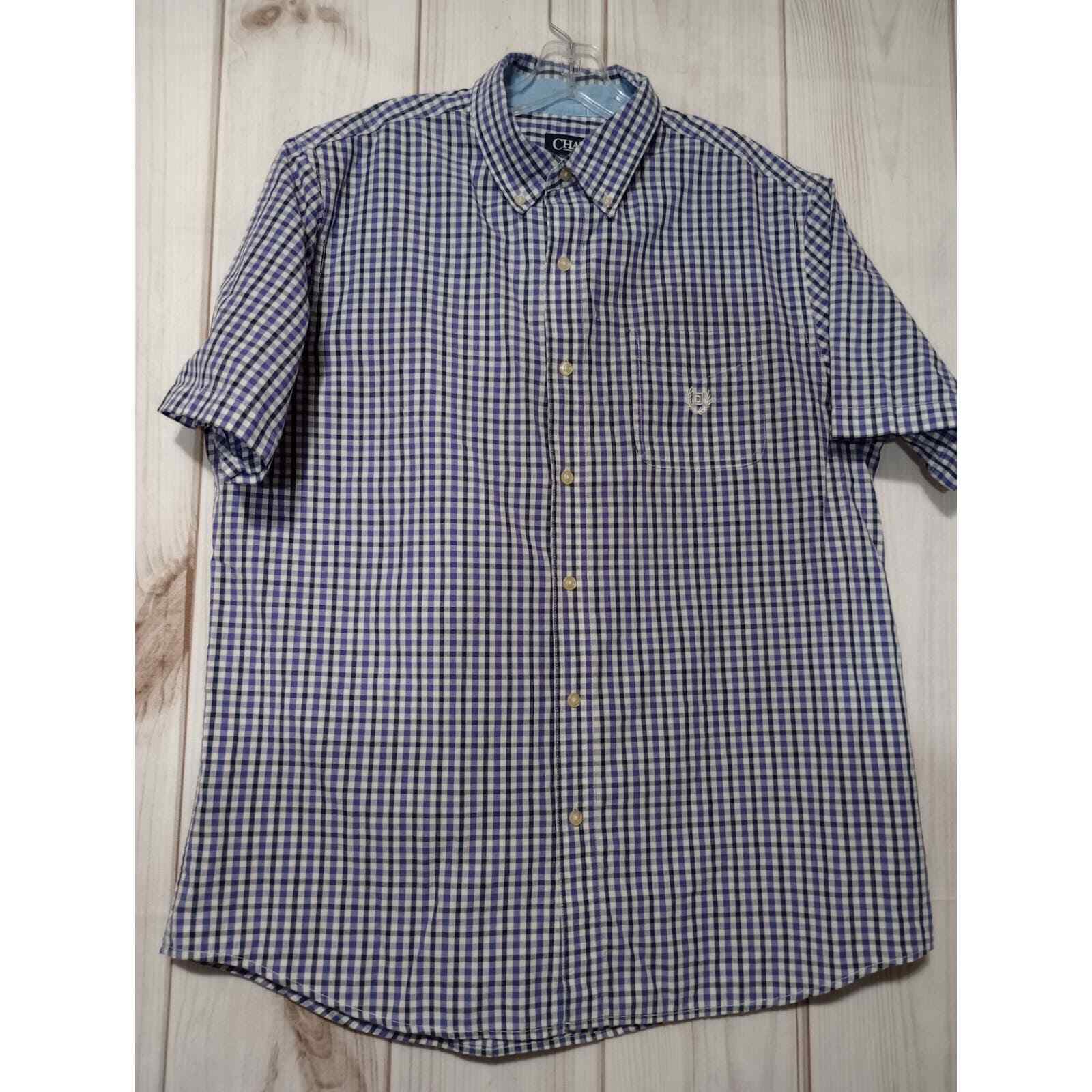 Chaps Mens Large Gingham Button Down Shirt Purple Blue Short Sleeve Easy Care