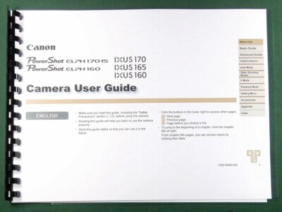 Canon IXUS 170 /165 /160 Instruction Manual: 117 Pages & Protective Covers