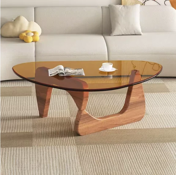 Noguchi Triangle Glass Coffee Table with Solid Wood Base Vintage Clear Glass Top - Image 2 of 3