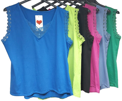 Italy Top Bluse Tunika Ärmellos Spitze A-Linie Sommertop Uni Basic Damen38 40 42