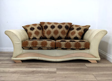 SOFA 3 Seater Cream Leather Gold Brown Fabric Removable Cushions FREE DELIVERY
