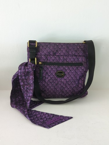 Coach Snake Print Slim Crossbody Bag Purple Black Nylon With Matching Scarf M35