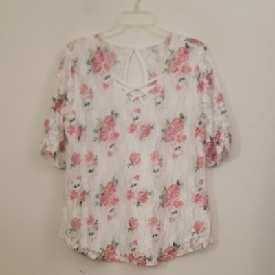 No Boundaries Off White & Pink Short Sleeve Lace Top READ Size Change Below XXXL