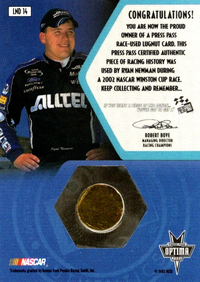 2002 - Press Pass Optima Lugnut 076/100 NASCAR Trading Card - Ryan Newman - Image 2 of 2