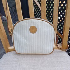 Borsa a tracolla Fendi Pequin beige originale anni 90 vintage con finiture in pelle cognac