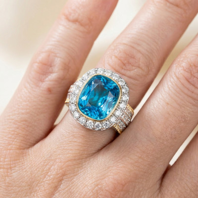 Luxus Damen Ring Blaustein Topas Zirkonia Halo 925 Silber plattiert Größe 54