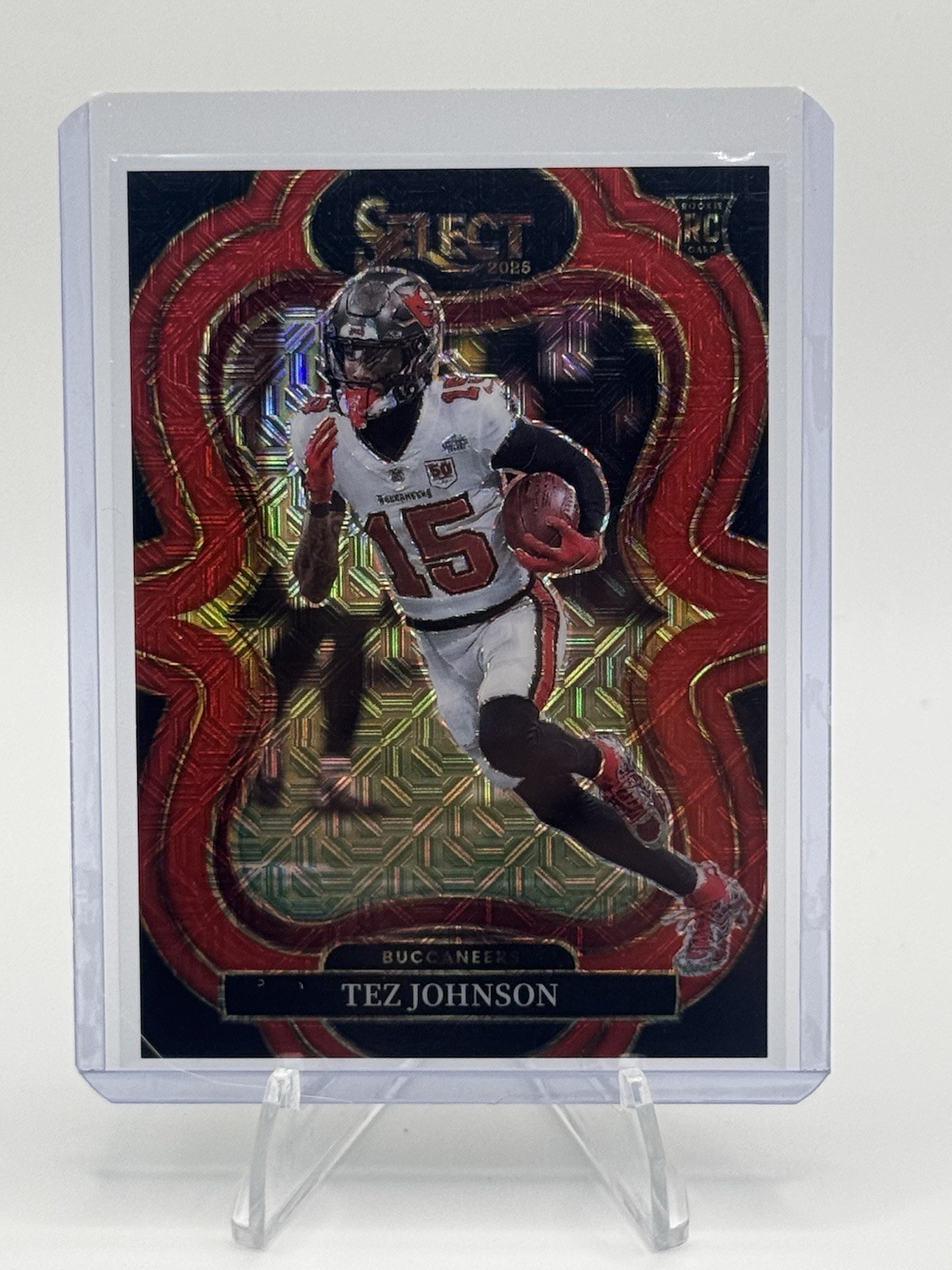 2025 Panini Select Tez Johnson RC Red Mojo Prizm /49 Buccaneers Suite Level