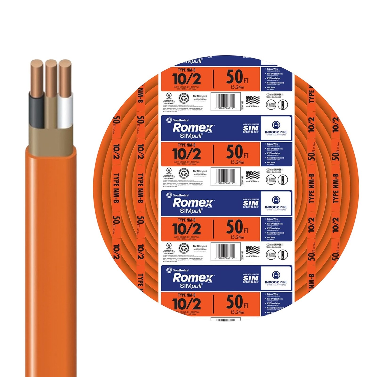 Southwire Romex SIMpull 10/2 NM-B Copper Indoor Cable 10 AWG 600V 25 ft