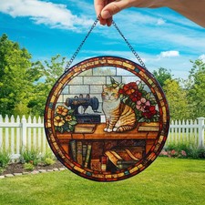Sewing Machine And Cat, Stained Glass, Suncatcher, Tailor Gift