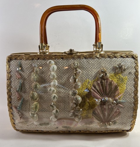 Vintage Tropic Miami Florida Brown Wicker Woven Purse Lucite Handbag 1960's - Picture 11 of 23