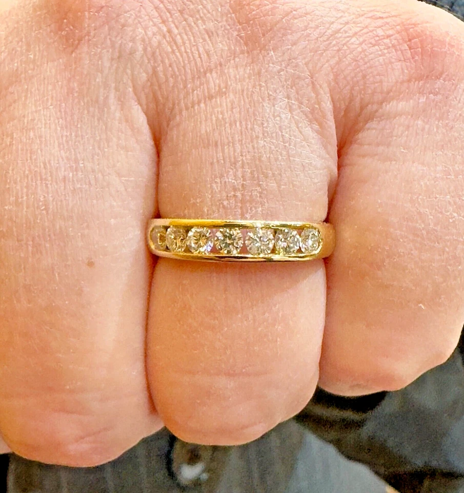 Demi-Alliance en diamants serti rail sur or jaune 18 carats taille 55 ajustable - Photo 4/4