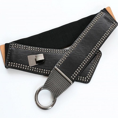 Women Punk Studded Buckle Wide Corset Elastic Leather Waistband Belt - Picture 3 of 8