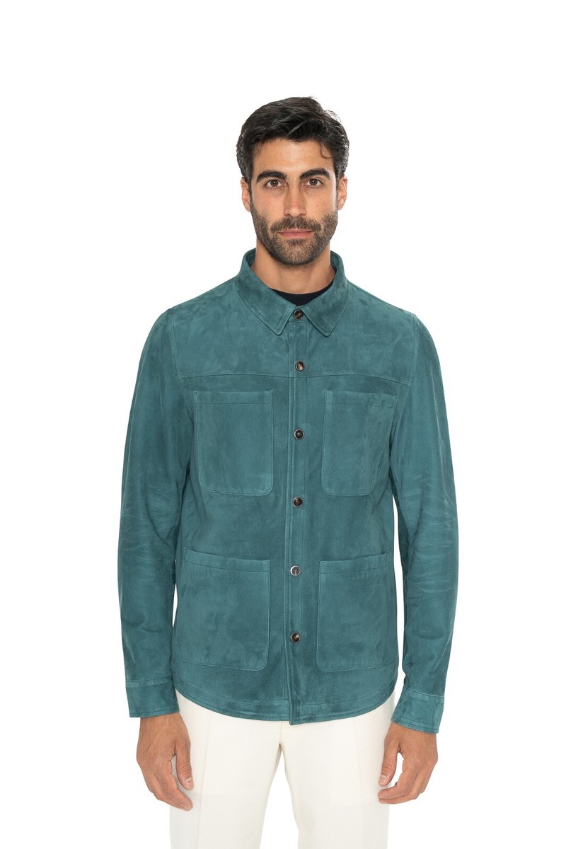 4200$ ISAIA Petrol Green Overshirt Jacket Leather Suede Lambskin