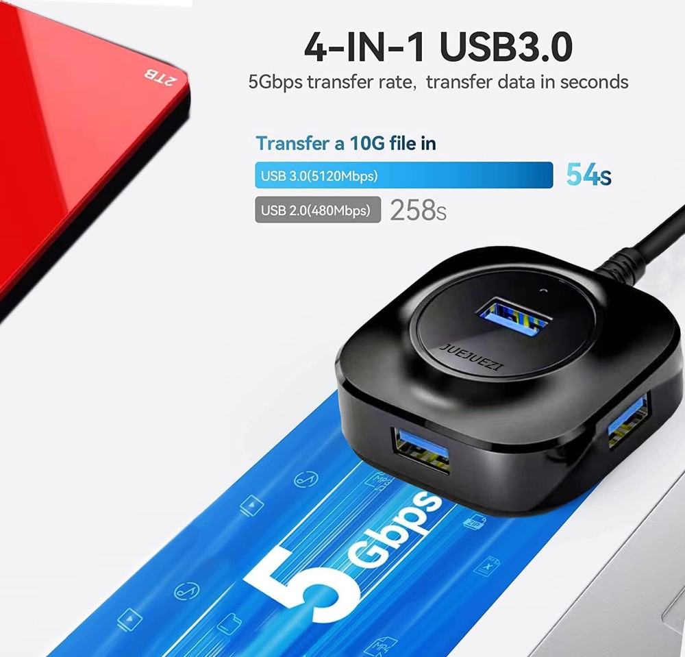 High-Speed USB 3.0 Hub Splitter - 4-Port 5Gbps Expander for Laptop Xbox PC