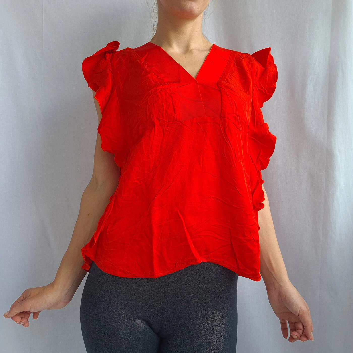 Sandro Paris Womens Blouse Size 3 Ruffle Top Sleeveless Formal Shirt V-Neck