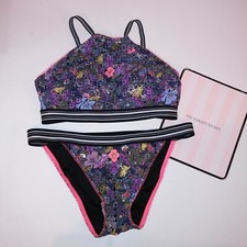 Victoria Secret Swim Bikini Medium Top Large Bottom Floral Banded Removable Pad