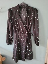 New Look Size 6 Black Spot Long Sleeve Knee Length Wrap Dress (723/44/v)