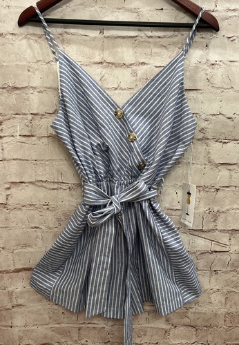 Purple Snow Women's White Blue Striped Romper Size Medium Linen Blend NEW
