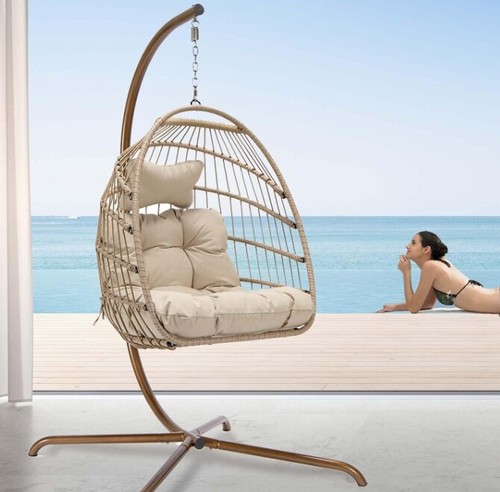 Hanging Egg Chair Hammock Foldable Stand Steel Patio Wicker Rattan Soft Cushion - Picture 9 of 16