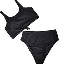 Zaful Womens Black Ribbed High Waist Bikini Set Size XL Knot Front Beach Pool