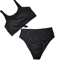 Zaful Womens Black Ribbed High Waist Bikini Set Size XL Knot Front Beach Pool