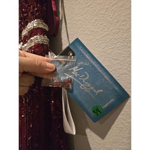 Vestido vaquero midi Mac Duggal para mujer talla 10 borgoña con cuentas cuello alto - Imagen 7 de 12