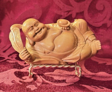 Vintage "Laughing Buddha" "Maitreya" Boxwood Carved Statue Symbol of Happiness