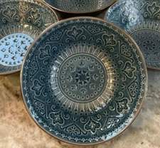 Pretty Blue Embossed Soup, Cereal Bowls Set Of 4 Elama 7 Inch New.
