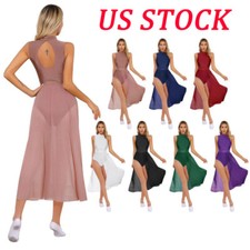 Womens Leotards Competition Rhinestone Sleeveless Dress Chiffon Dancewear Ballet