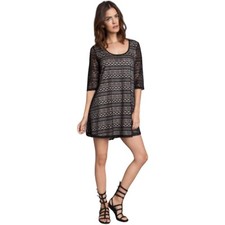 Umgee NWT Black Lace Overlay Mini Dress, Scoop Neck 3/4-Sleeves Women’s Size M