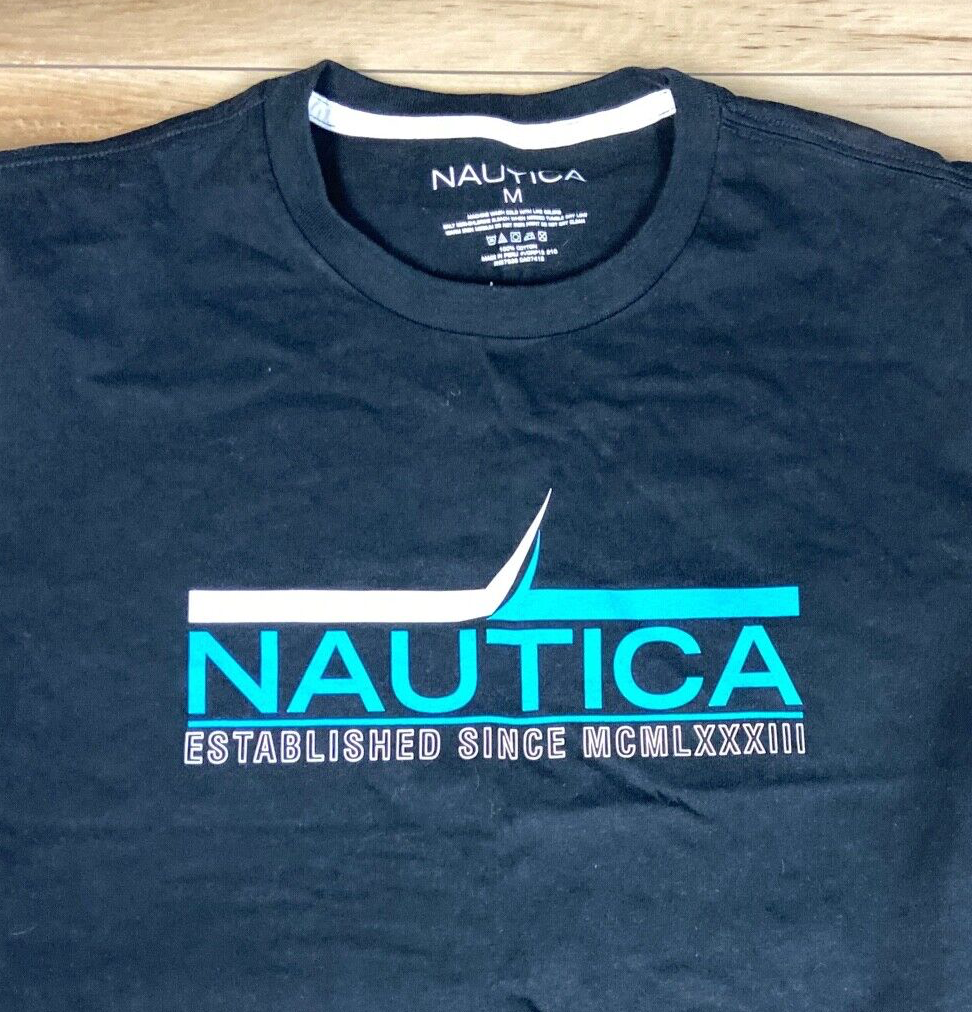 Nautica Shirt Mens Medium Black Spellout Logo Crewneck Short