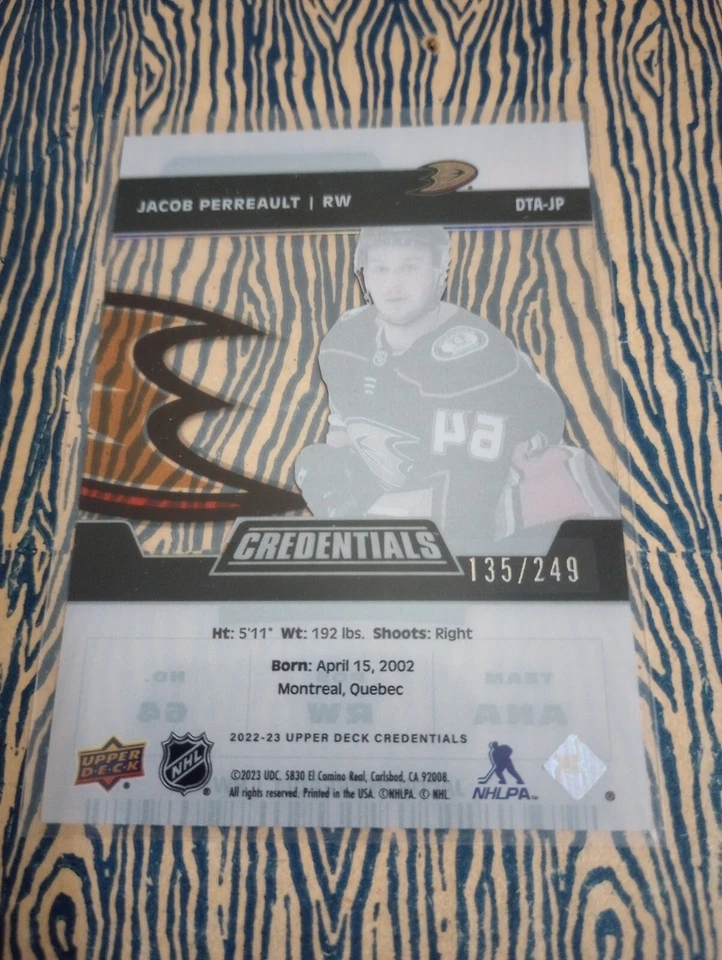 2022-23 UD Credentials DTA Clear Cut #DTA-JP Jacob Perreault (135/249) - Image 2 of 2