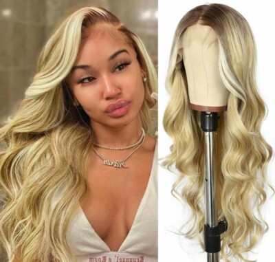 Brown Blonde Ombre Wig HD Front Lace Human Hair Blend Highlights  Wavy Curly